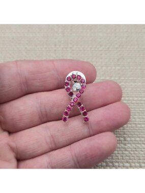 Pink Rhinestone Breast Cancer Awareness Ribbon Silver Tone Lapel Pin A8208